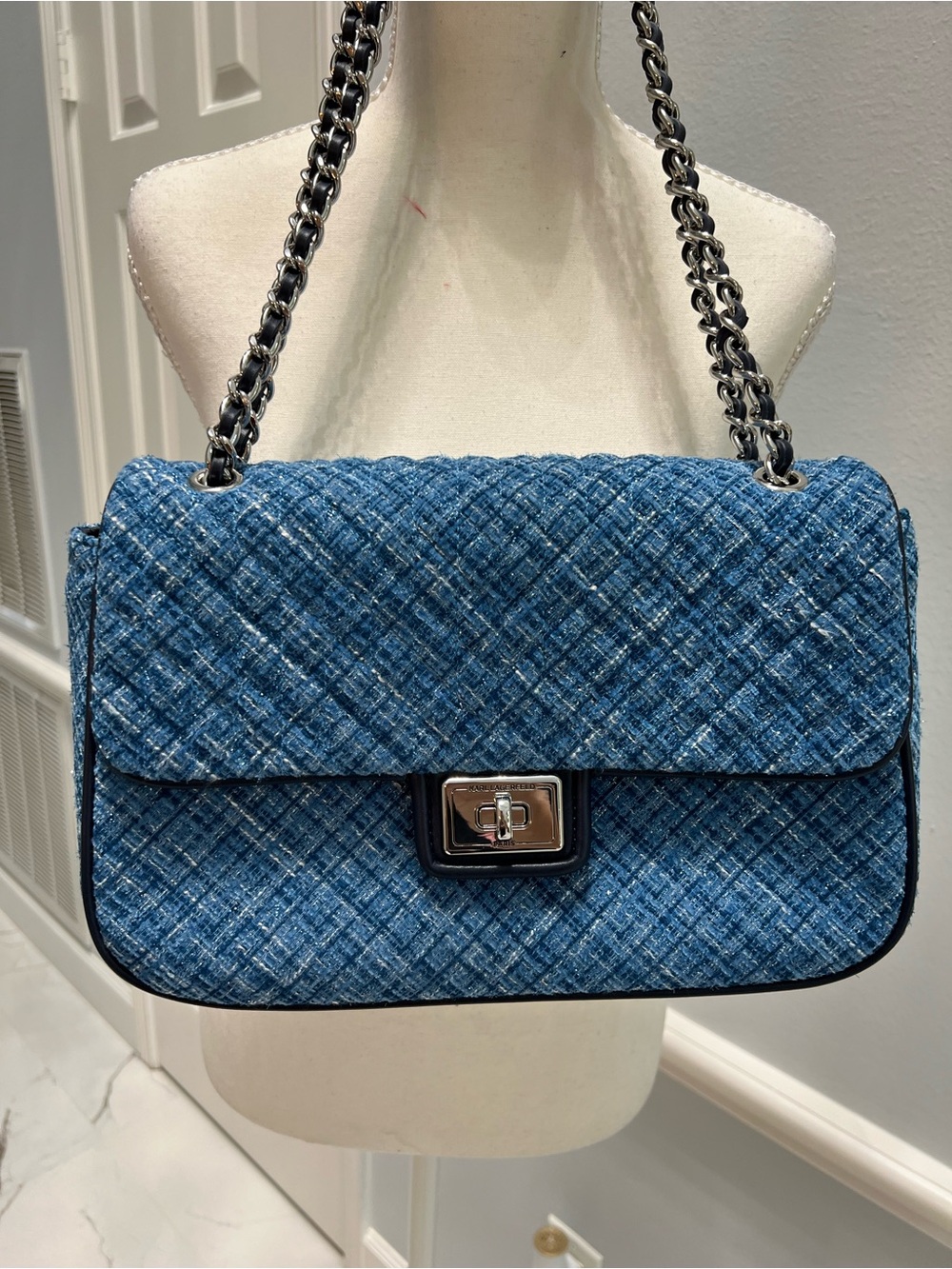 NEW Karl Lagerfeld Paris Blue Tweed Shoulder Bag